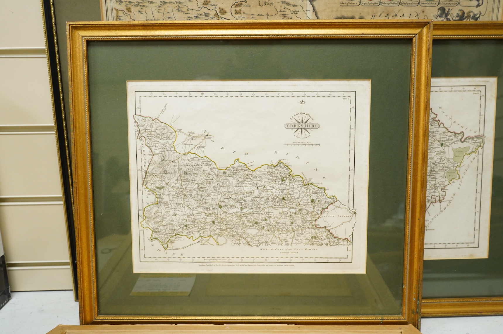 A collection of engraved maps including an example after Jan Jansson, and five late 18th century examples after J Cary, Yorkshire, published 1787 and 1793, framed, largest 38 x 50cm